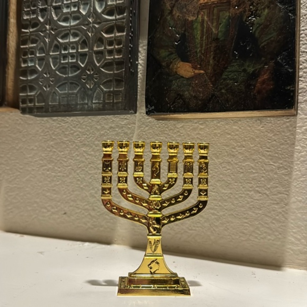 Seven Branch Menorah‎ Engraved with 12 Tribes Emblems, Miniature NWOT